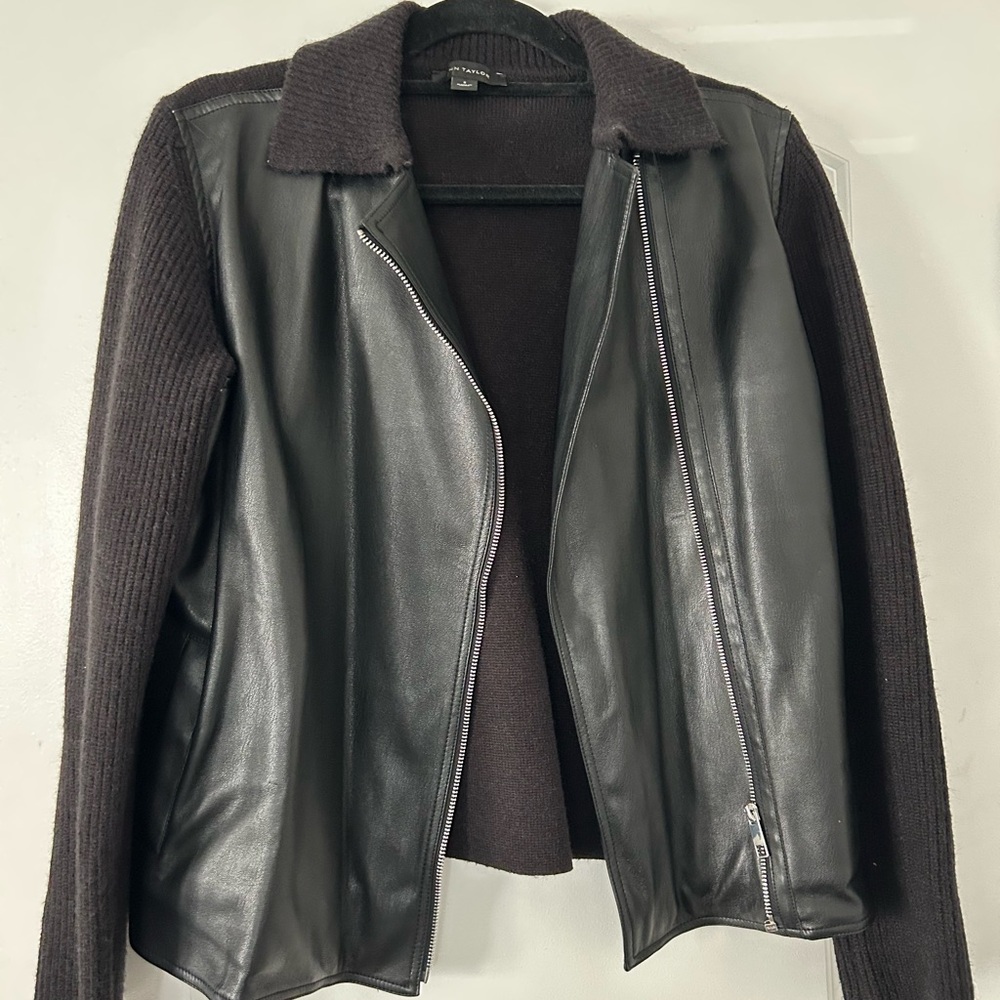 Ann Taylor Black Leather Jacket with Knit Accents